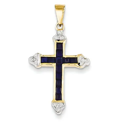 0.7 Carat 14K Gold Diamond & Sapphire Cross Pendant