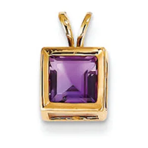 0.8 Carat 14K Gold 6mm Princess Cut Amethyst bezel pendant