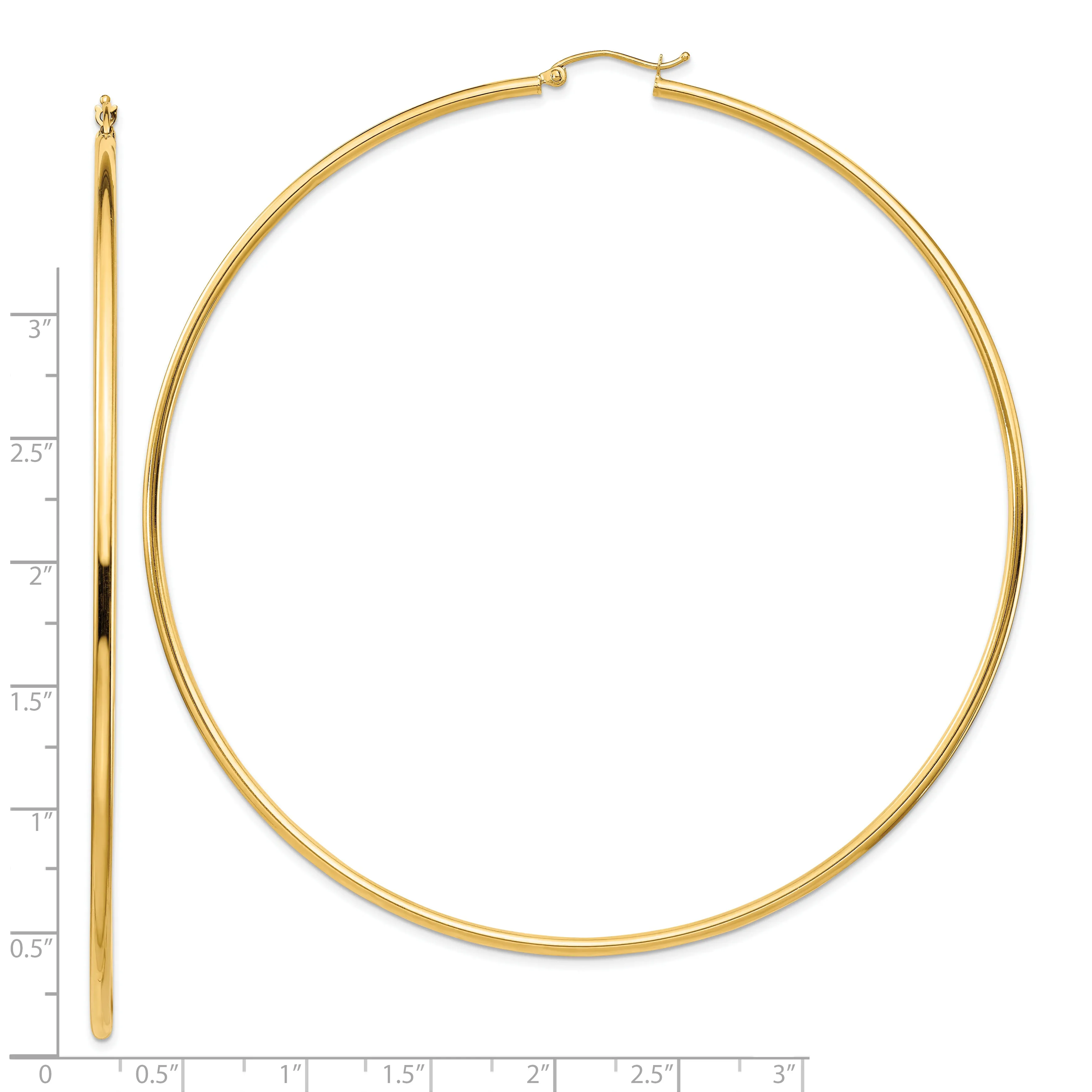 14k Polished 2x90mm Lightweight Round Tube Hoop Earrings