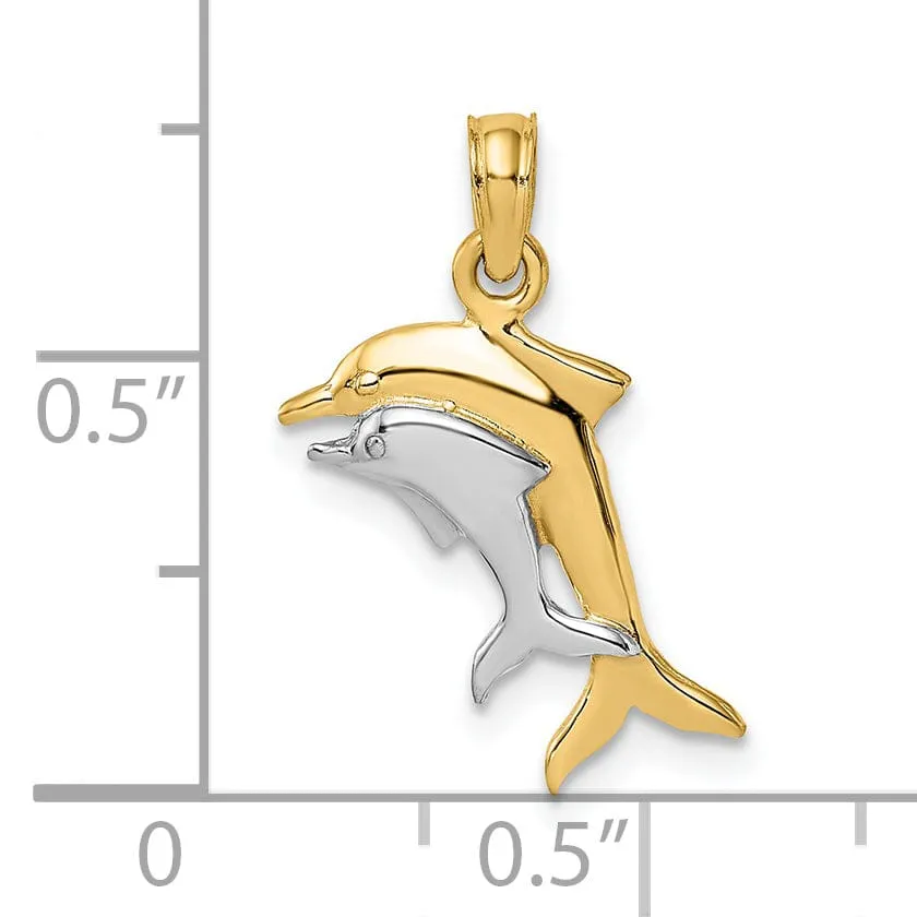 14K Yellow Gold with Rhodium 2-Dimensional Polished Finish 2-Dolphins Swimming Charm Pendant