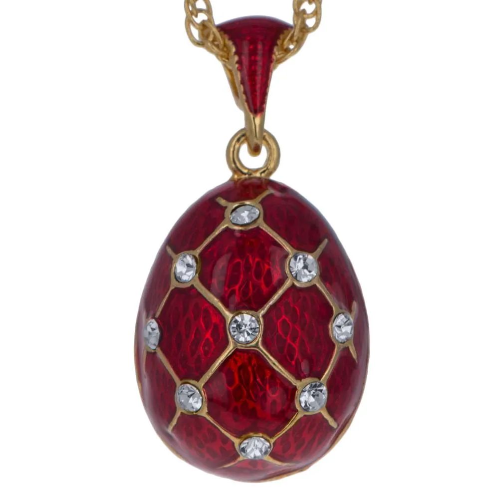 18 Crystals Red Enamel Brass Royal Egg Pendant Necklace 20 Inches