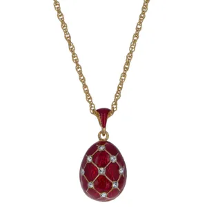 18 Crystals Red Enamel Brass Royal Egg Pendant Necklace 20 Inches