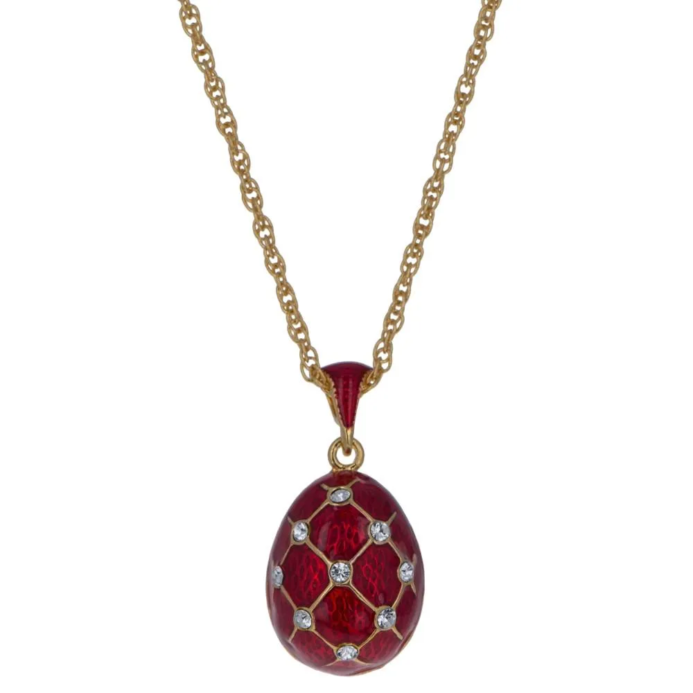 18 Crystals Red Enamel Brass Royal Egg Pendant Necklace 20 Inches
