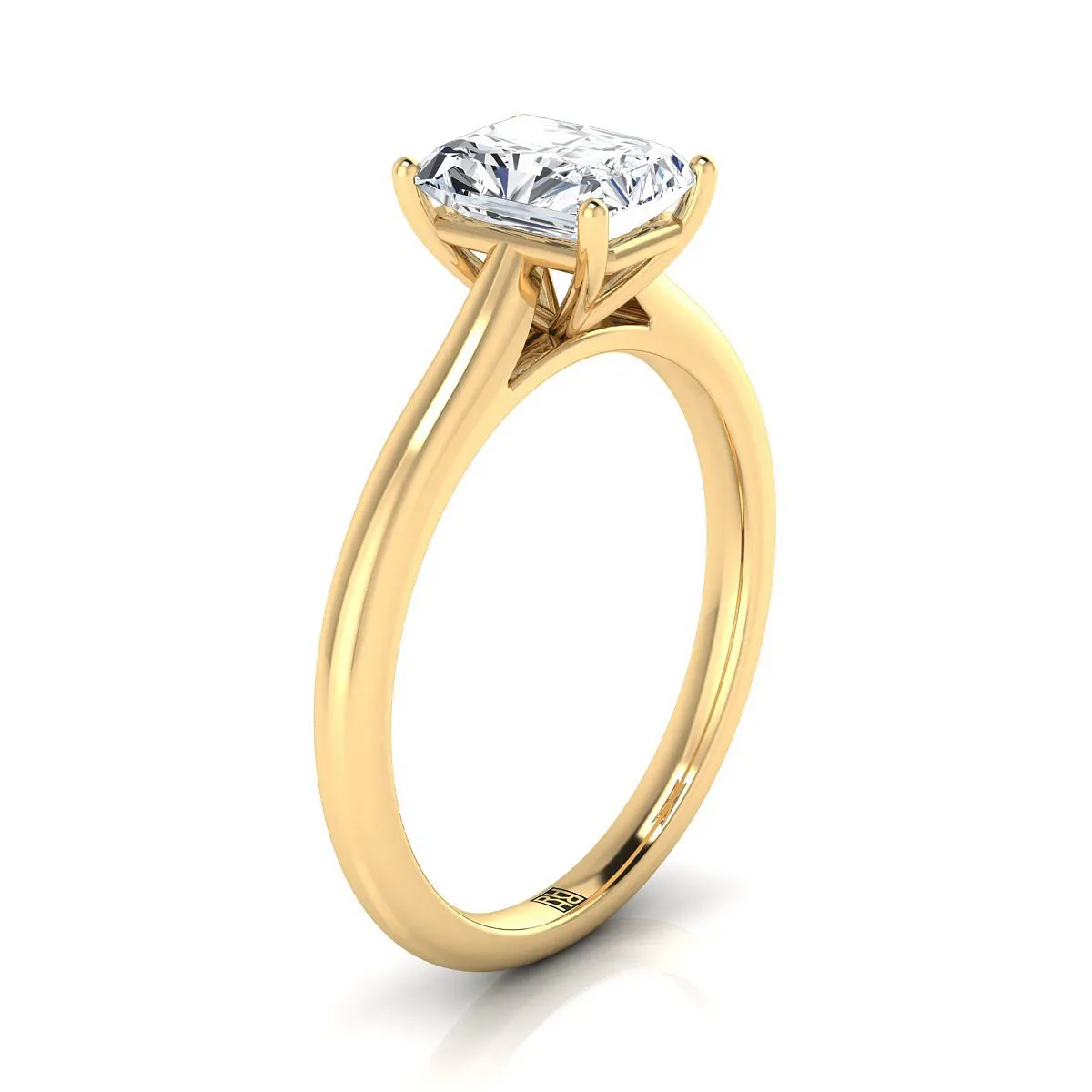 18K Yellow Gold Radiant Cut Center  Pinched Comfort Fit Claw Prong Solitaire Engagement Ring