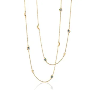 18KT Yellow Gold 36" Sun, Moon, and Stars Necklace with London Blue Topaz