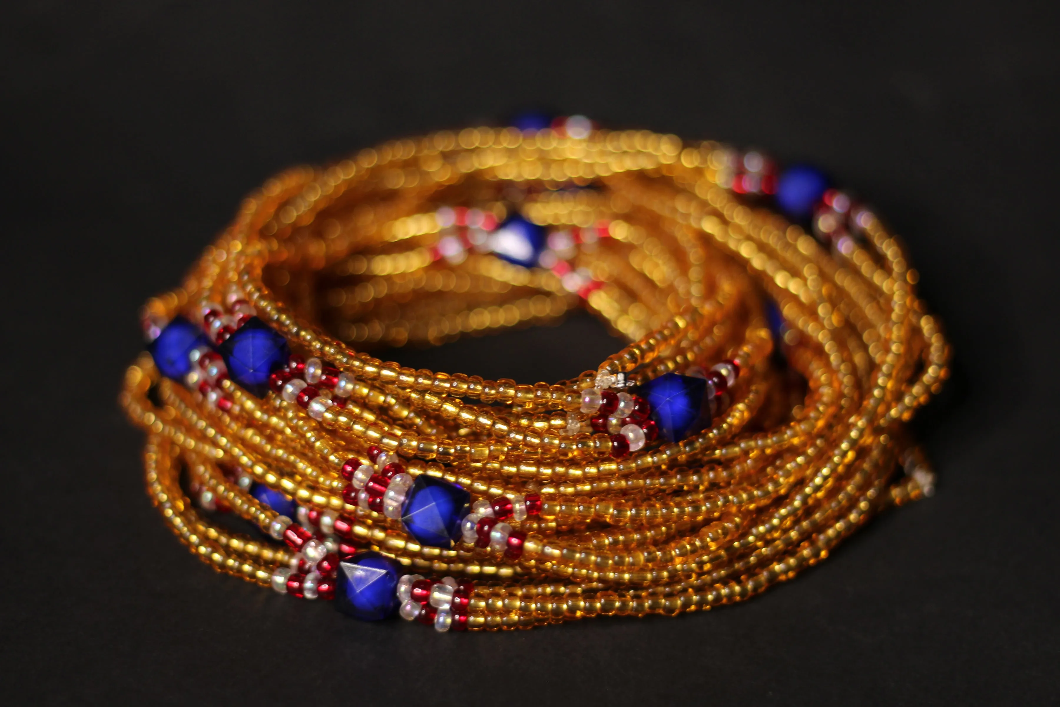 3 in 1 Waist Beads / African Hip Chain - IYORE- Blue / Gold (elastic)
