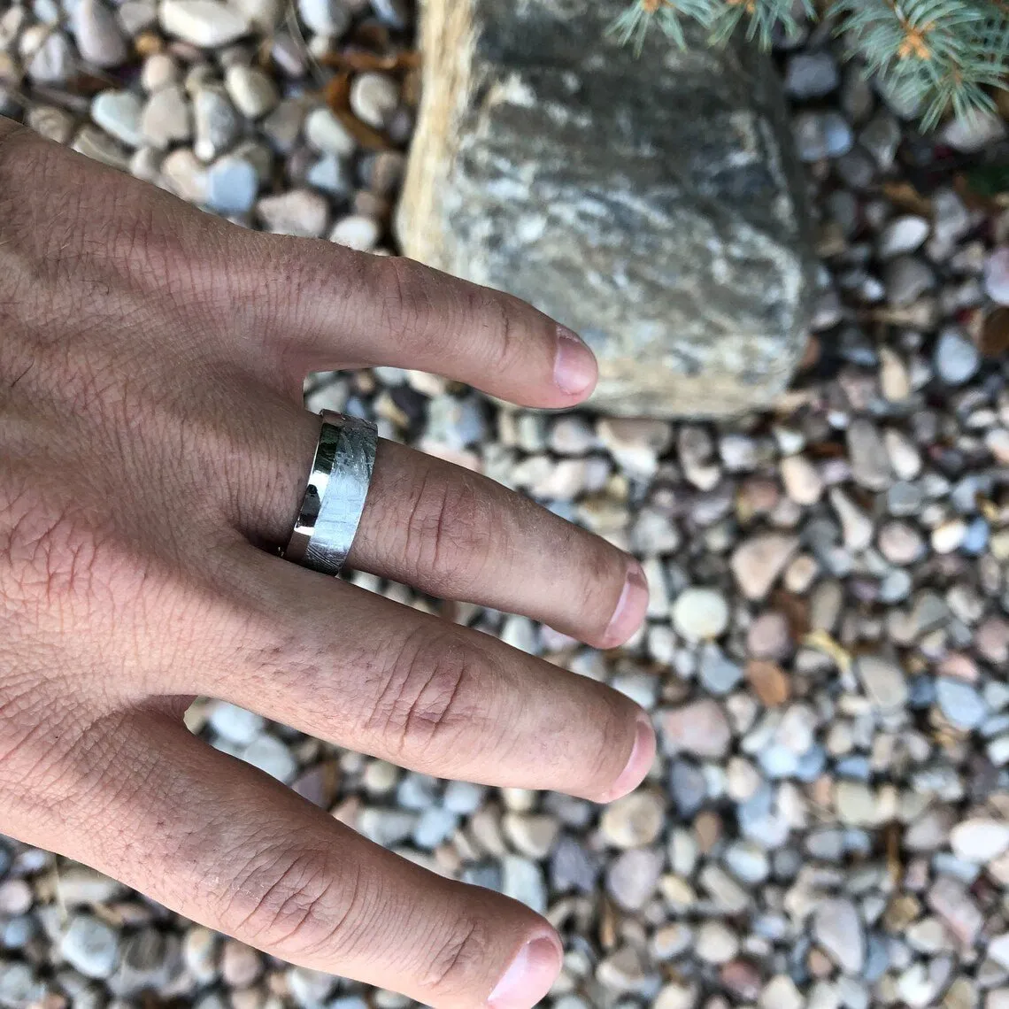 8mm Gibeon Meteorite Wedding Band with Cobalt Chrome Sleeve ,Authentic Genuine Gibeon Meteorite Rings