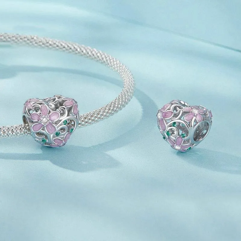 925 Sterling Silver Platinum Plated Zircon Heart Flower Vine Diy Beads
