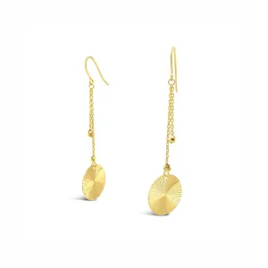 9k Yellow Gold Textured Disc Drop Hook Earrings