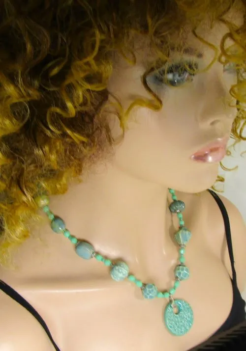 Aqua Handmade Artisan Necklace with Swazi Pendant
