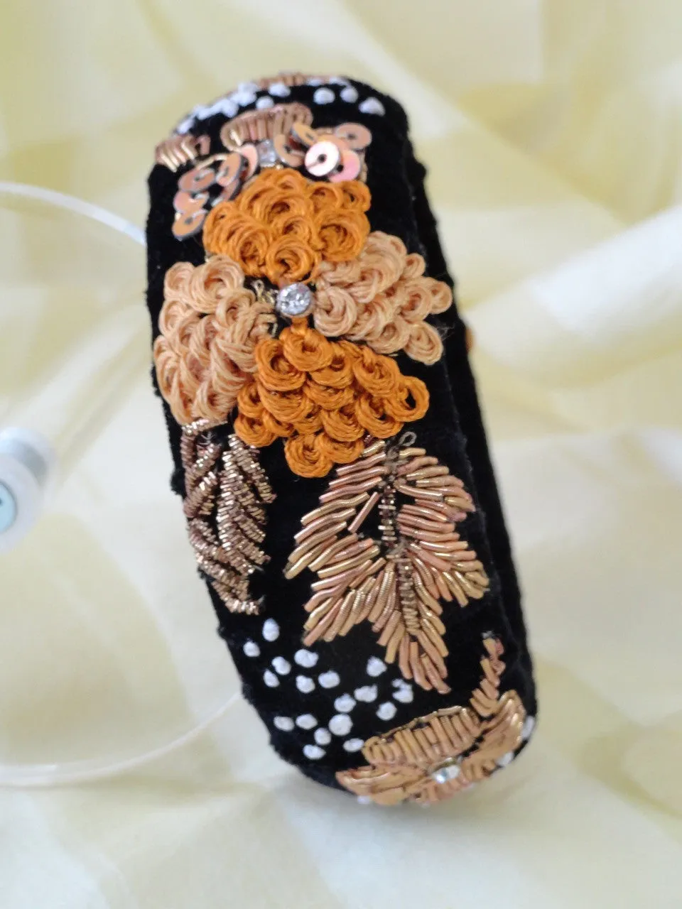 Beaded bangle bracelet from India. Statement party or wedding broad bracelet bangle. "Blooms"- Handmade, embroidered velvet bracelet. From Artikrti