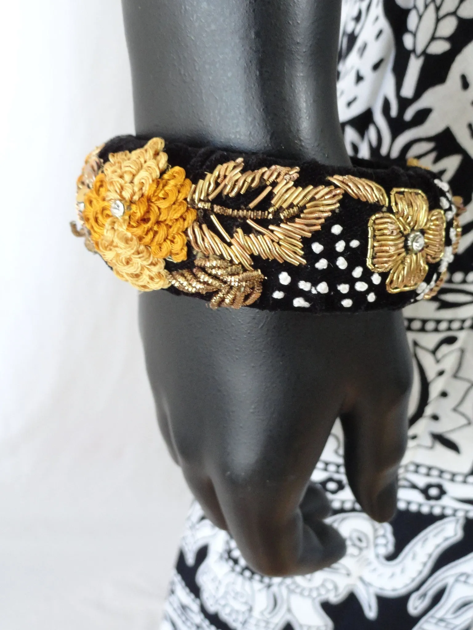 Beaded bangle bracelet from India. Statement party or wedding broad bracelet bangle. "Blooms"- Handmade, embroidered velvet bracelet. From Artikrti