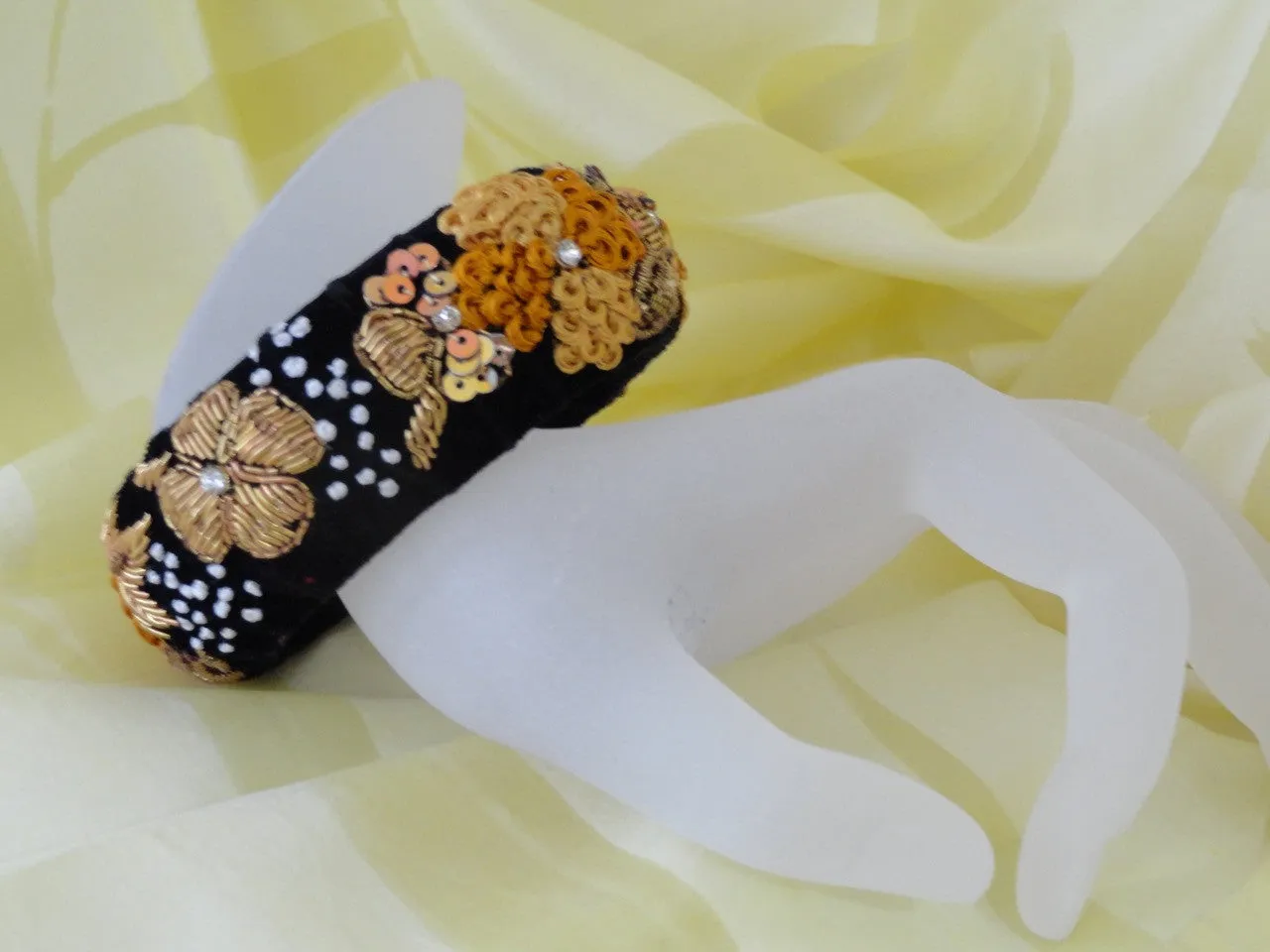 Beaded bangle bracelet from India. Statement party or wedding broad bracelet bangle. "Blooms"- Handmade, embroidered velvet bracelet. From Artikrti