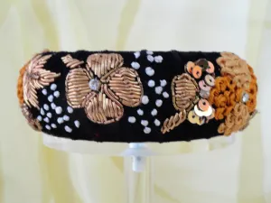 Beaded bangle bracelet from India. Statement party or wedding broad bracelet bangle. "Blooms"- Handmade, embroidered velvet bracelet. From Artikrti