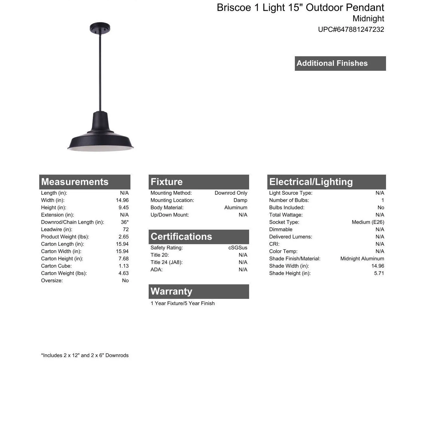 Briscoe 1 Light 15" Outdoor Pendant in Midnight