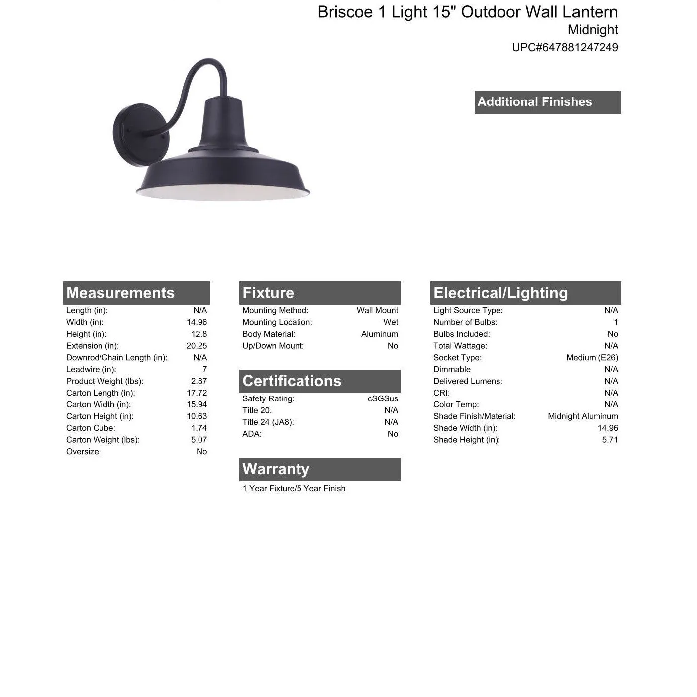 Briscoe 1 Light 15" Outdoor Wall Lantern in Midnight