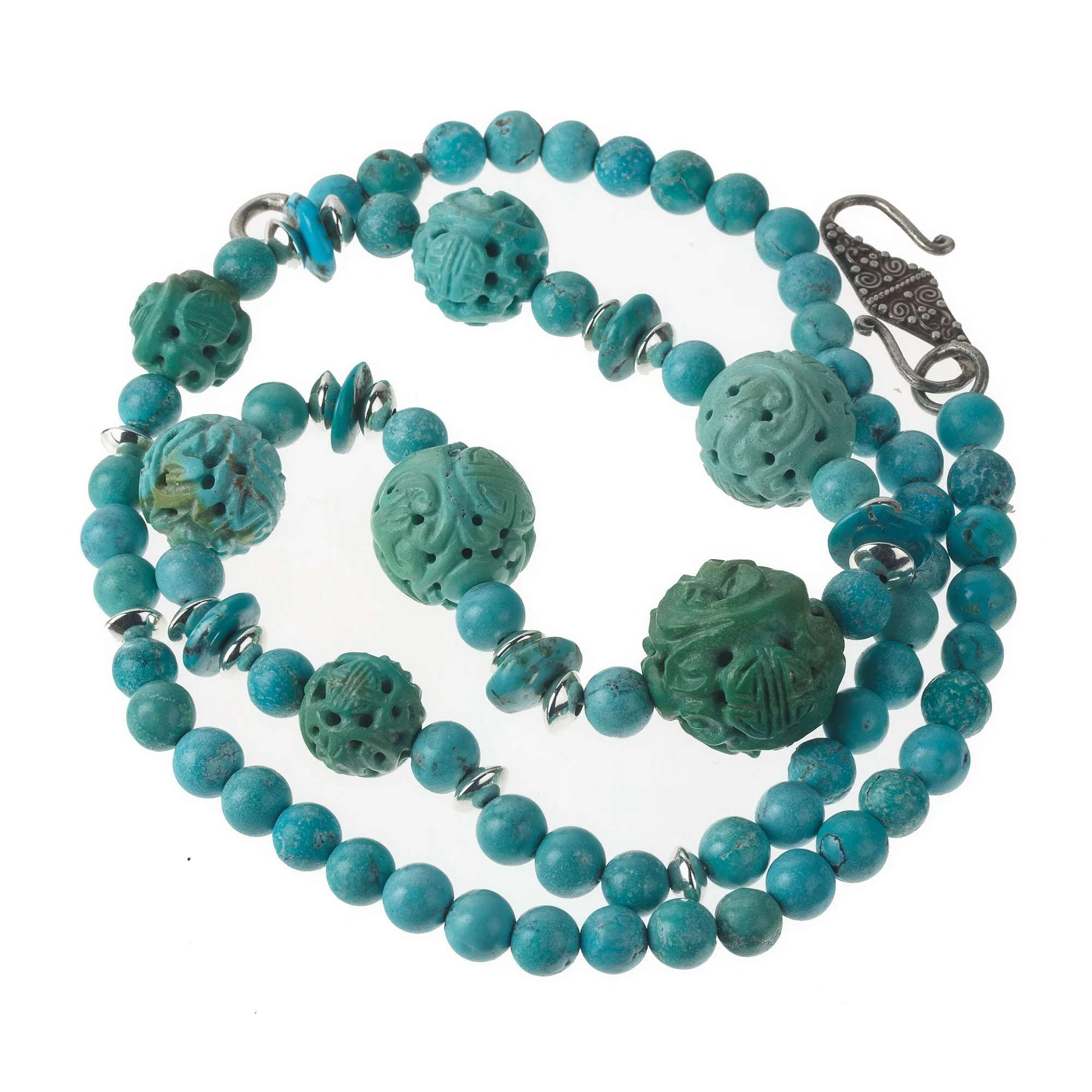 Carved Longevity Bead Hubei Turquoise Necklace, 22" in. j-nlbd2190