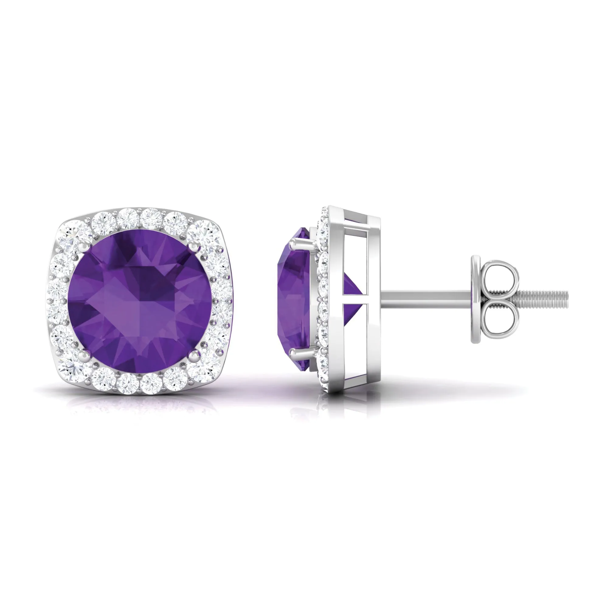 Classic Round Amethyst Halo Stud Earrings with Diamond