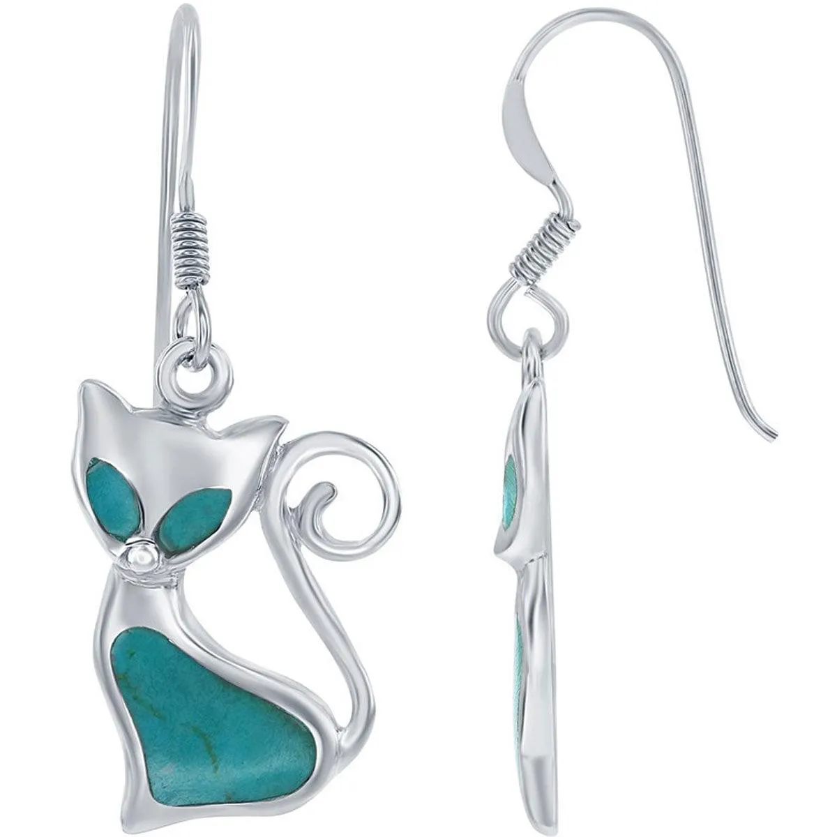 Classic Women's Earrings - Created Turquoise Cat Design French Wire Closure | D-8035