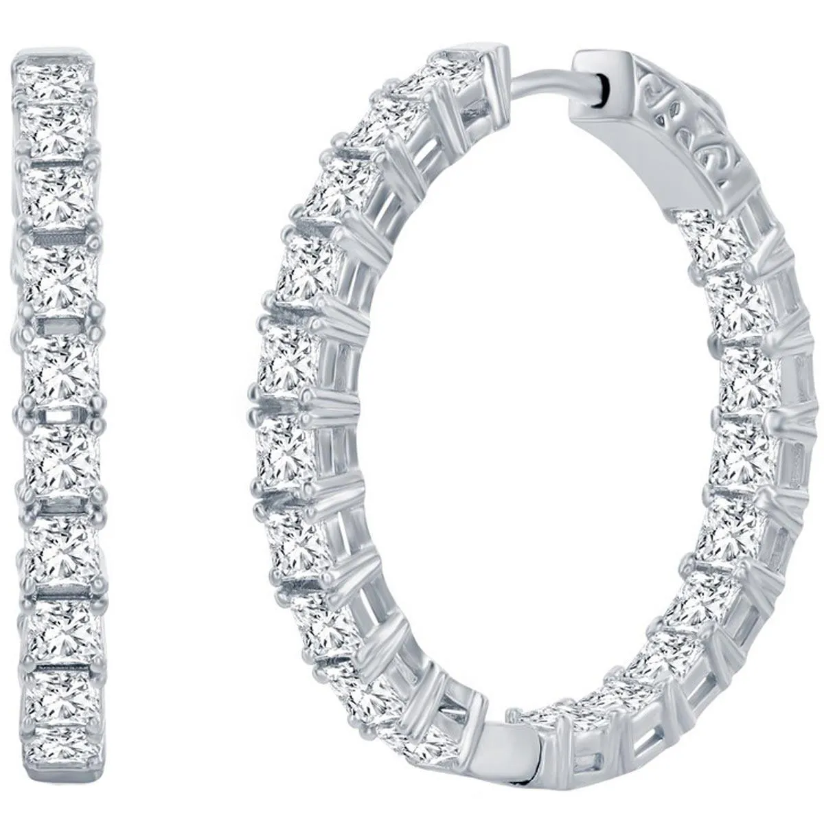 Classic Women's Earrings - Silver 3x30mm Square White CZ Inside Outside Hoop | D-7977