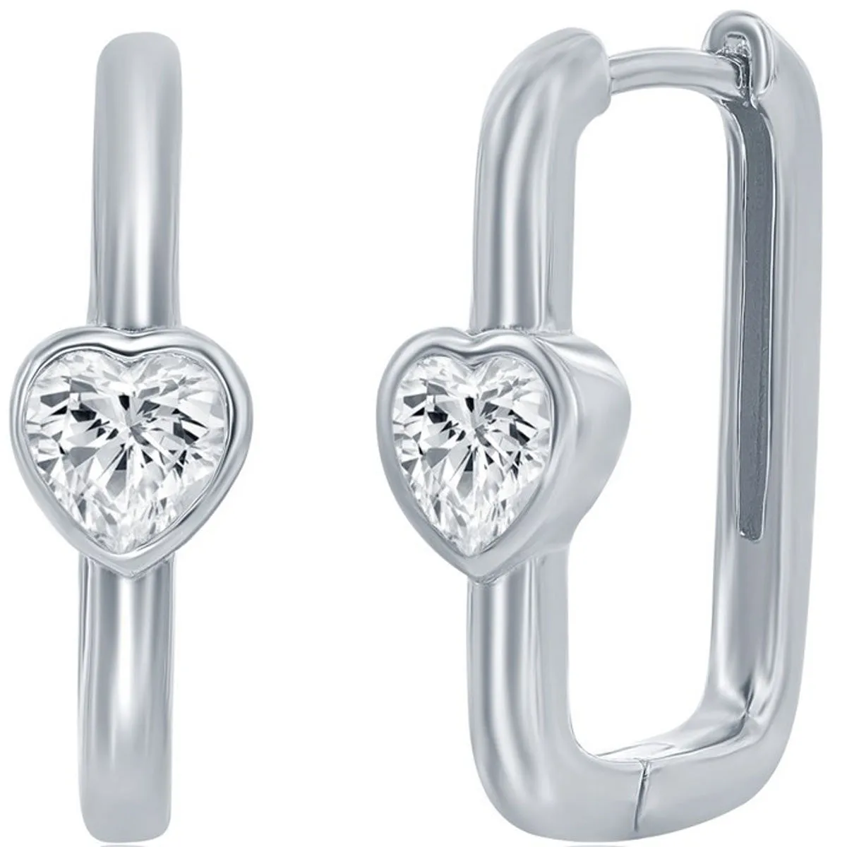 Classic Women's Earrings - Sterling Silver CZ Heart Shaped Rectangle Hinged | D-8216