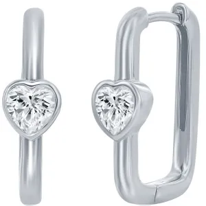 Classic Women's Earrings - Sterling Silver CZ Heart Shaped Rectangle Hinged | D-8216