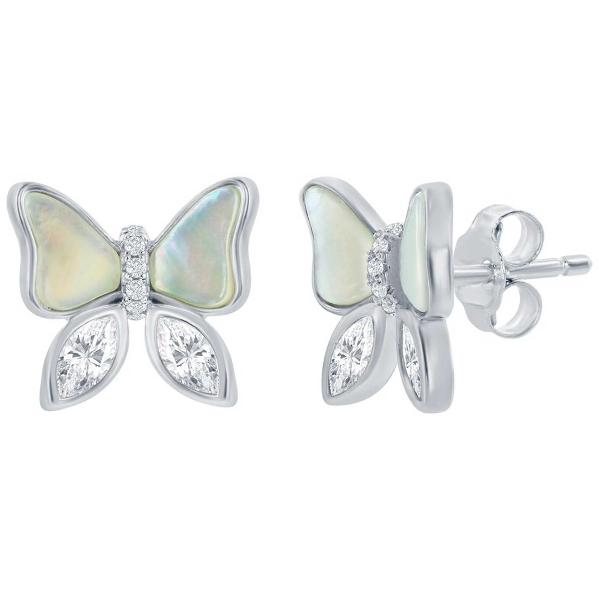 Classic Women's Earrings - Sterling Silver MOP and CZ Butterfly Stud | D-8385
