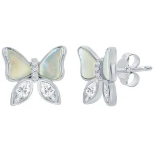 Classic Women's Earrings - Sterling Silver MOP and CZ Butterfly Stud | D-8385