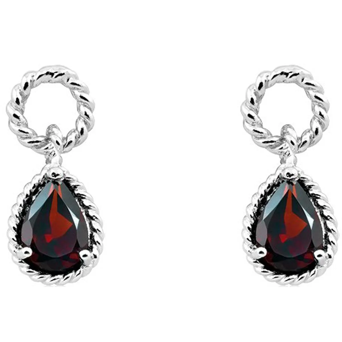 Classic Women's Earrings - Sterling Silver Pear Shape Garnet Twisted Wire | D-4031