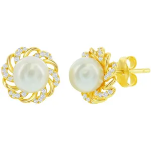 Classic Women's Earrings - White CZ Flower Design with 7mm Round FWP Stud | D-8212