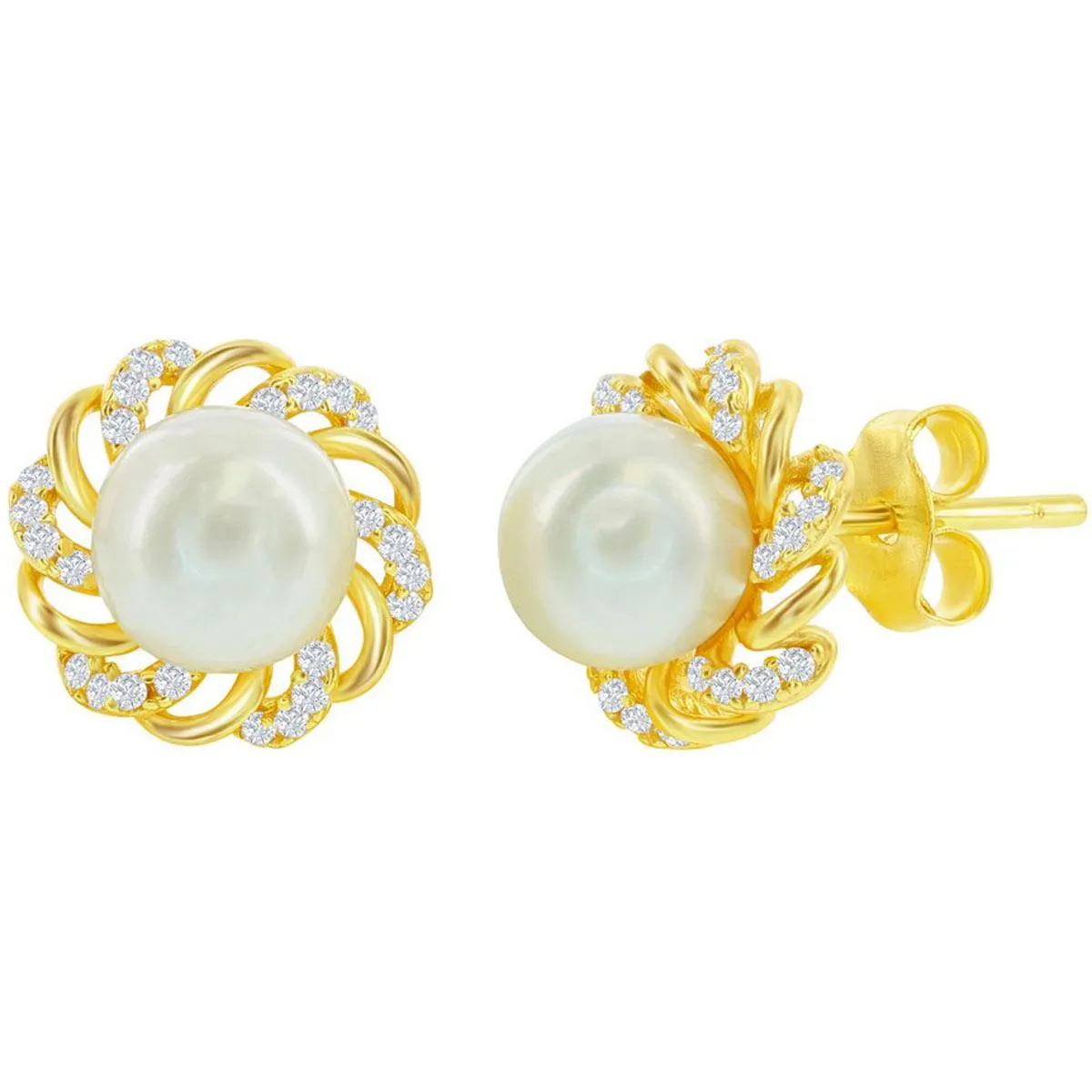 Classic Women's Earrings - White CZ Flower Design with 7mm Round FWP Stud | D-8212