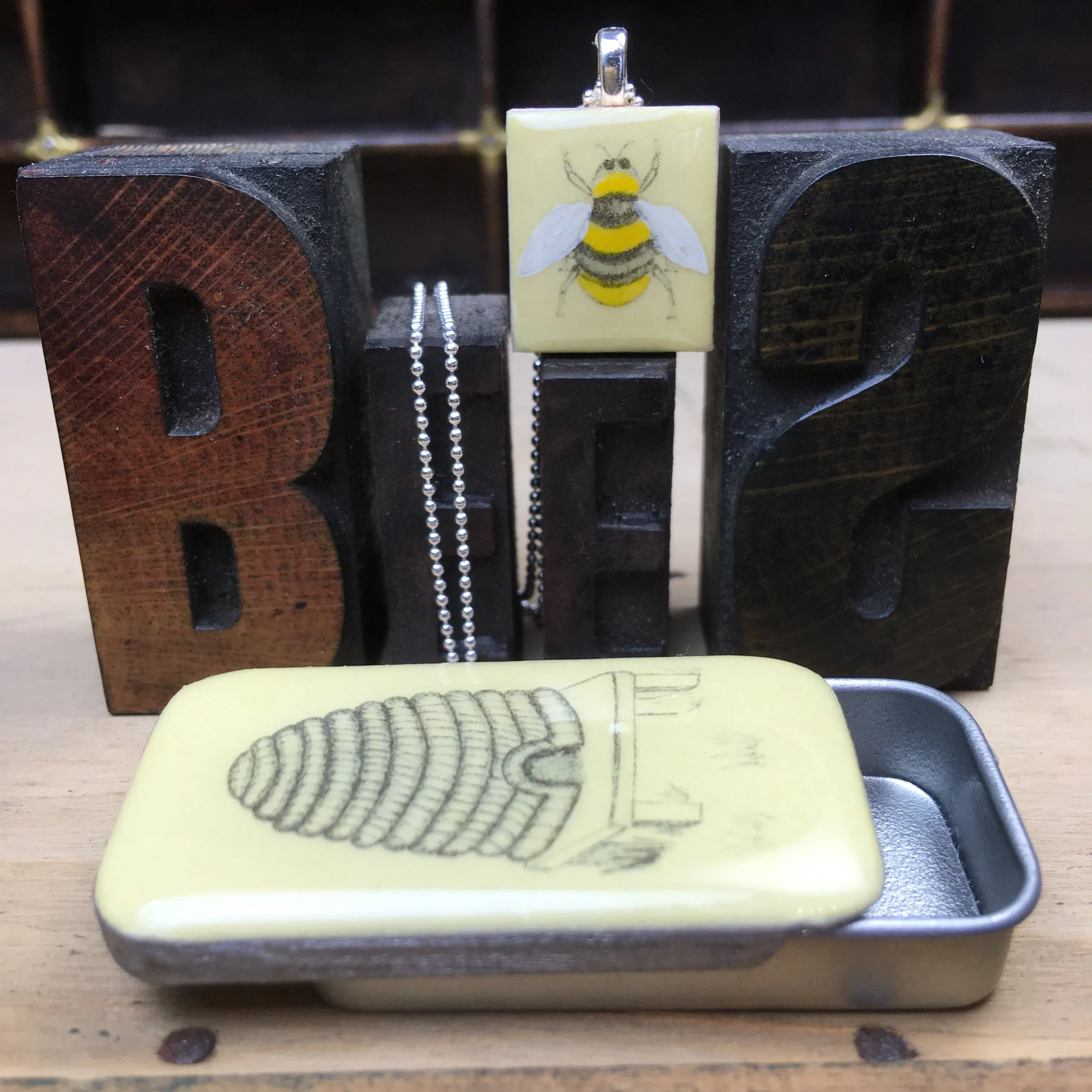 Cottage Garden Scrabble Tile Pendant and Teeny Tiny Tin - Bee