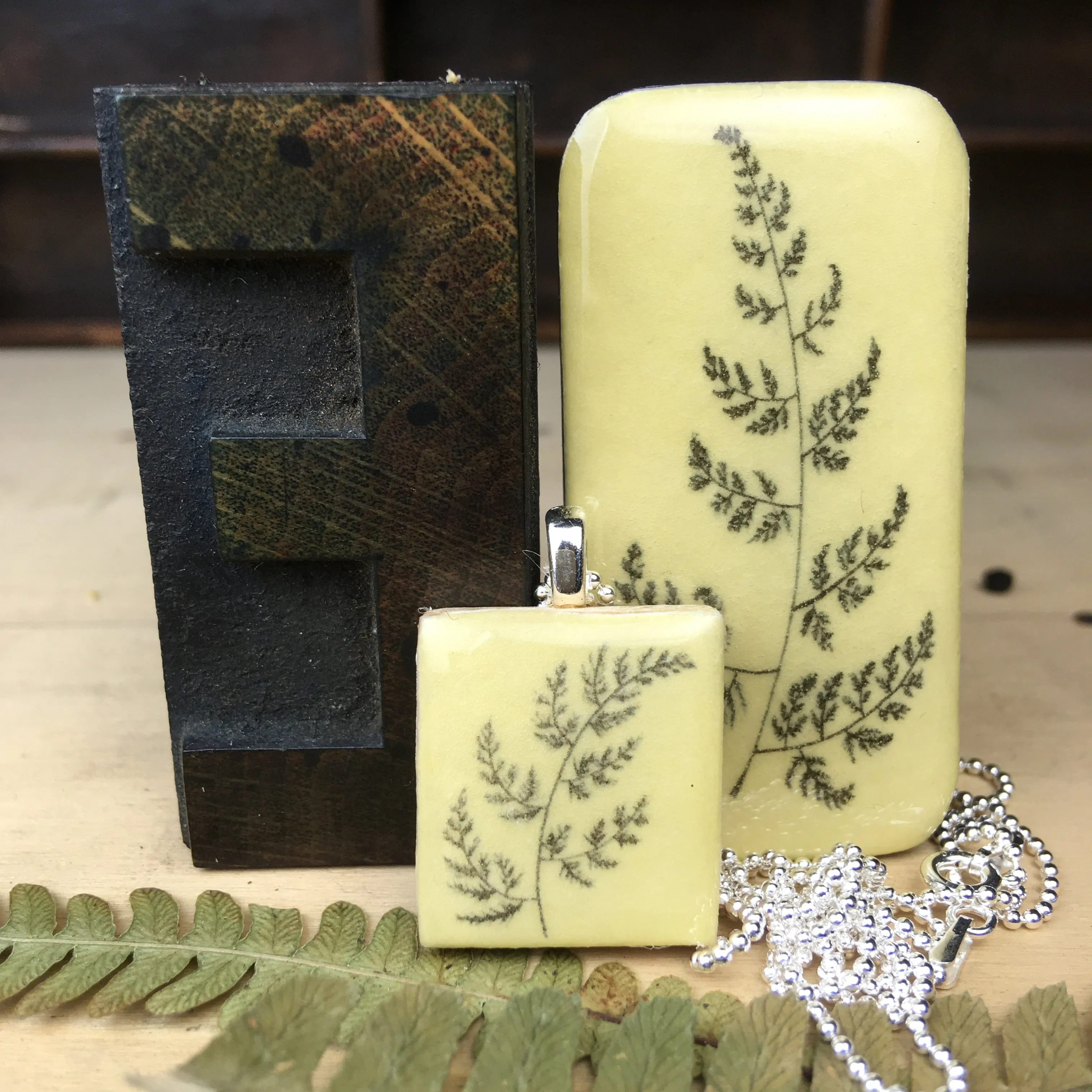 Cottage Garden Scrabble Tile Pendant and Teeny Tiny Tin - Fern