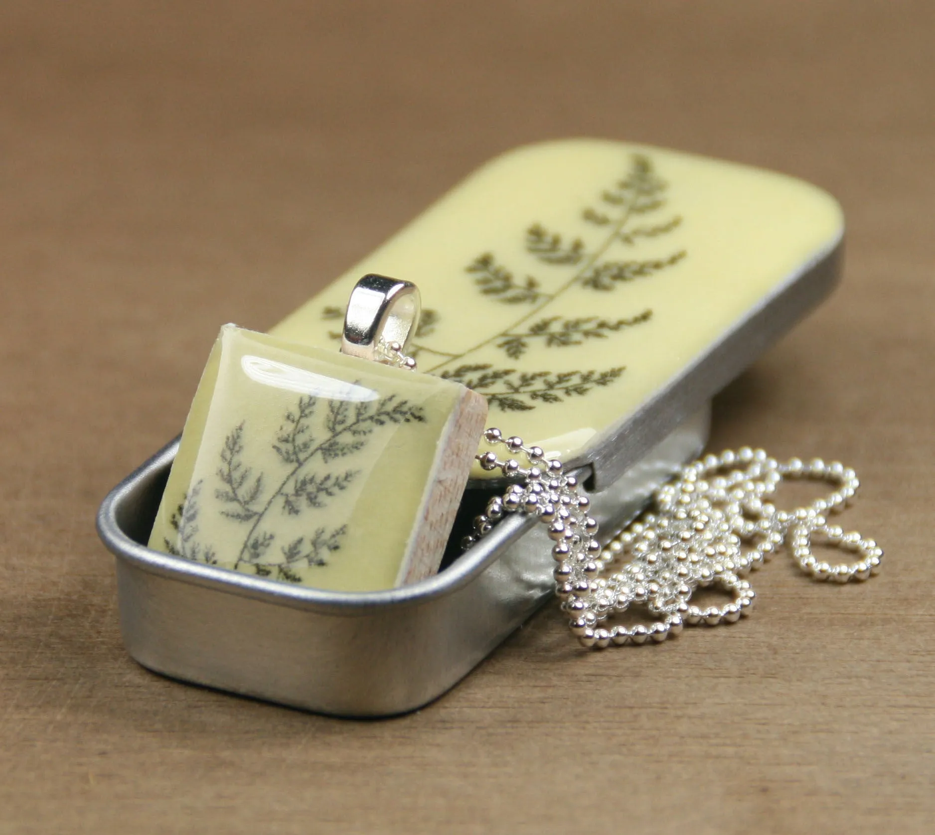 Cottage Garden Scrabble Tile Pendant and Teeny Tiny Tin - Fern