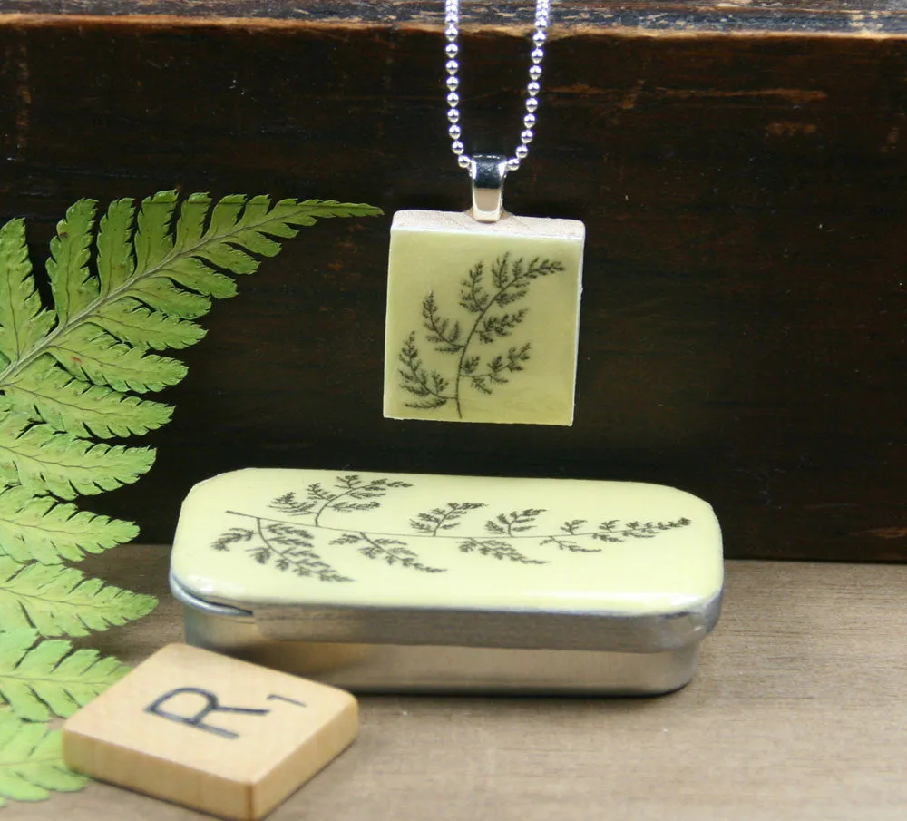 Cottage Garden Scrabble Tile Pendant and Teeny Tiny Tin - Fern