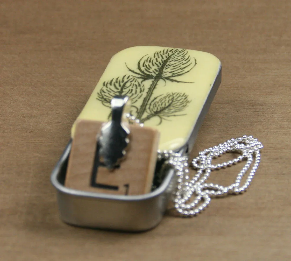 Cottage Garden Scrabble Tile Pendant and Teeny Tiny Tin - Teasel