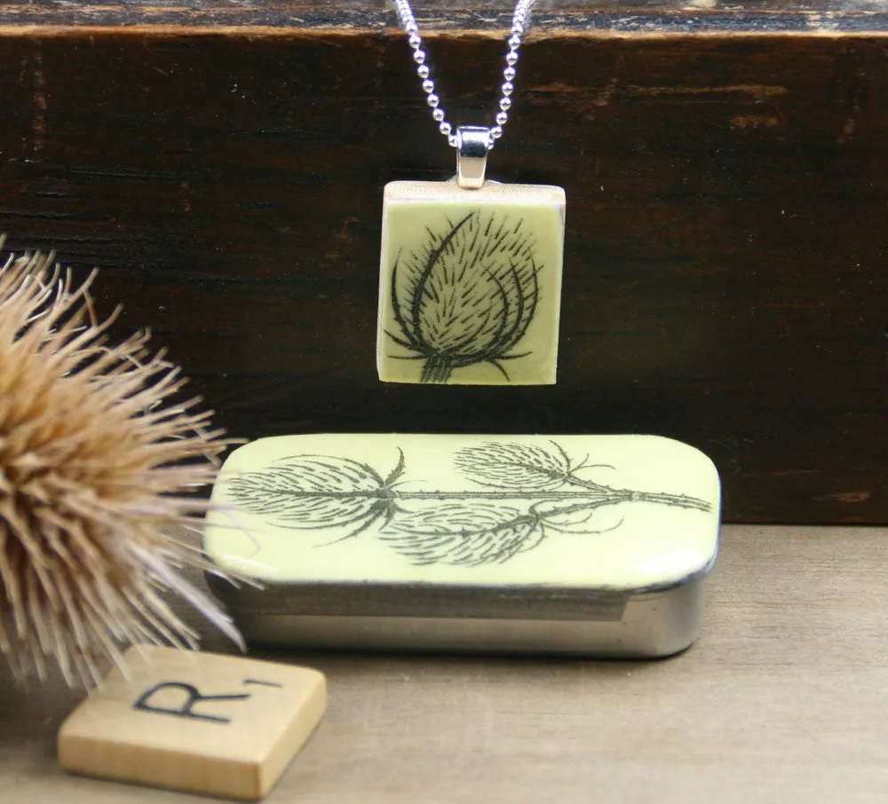 Cottage Garden Scrabble Tile Pendant and Teeny Tiny Tin - Teasel