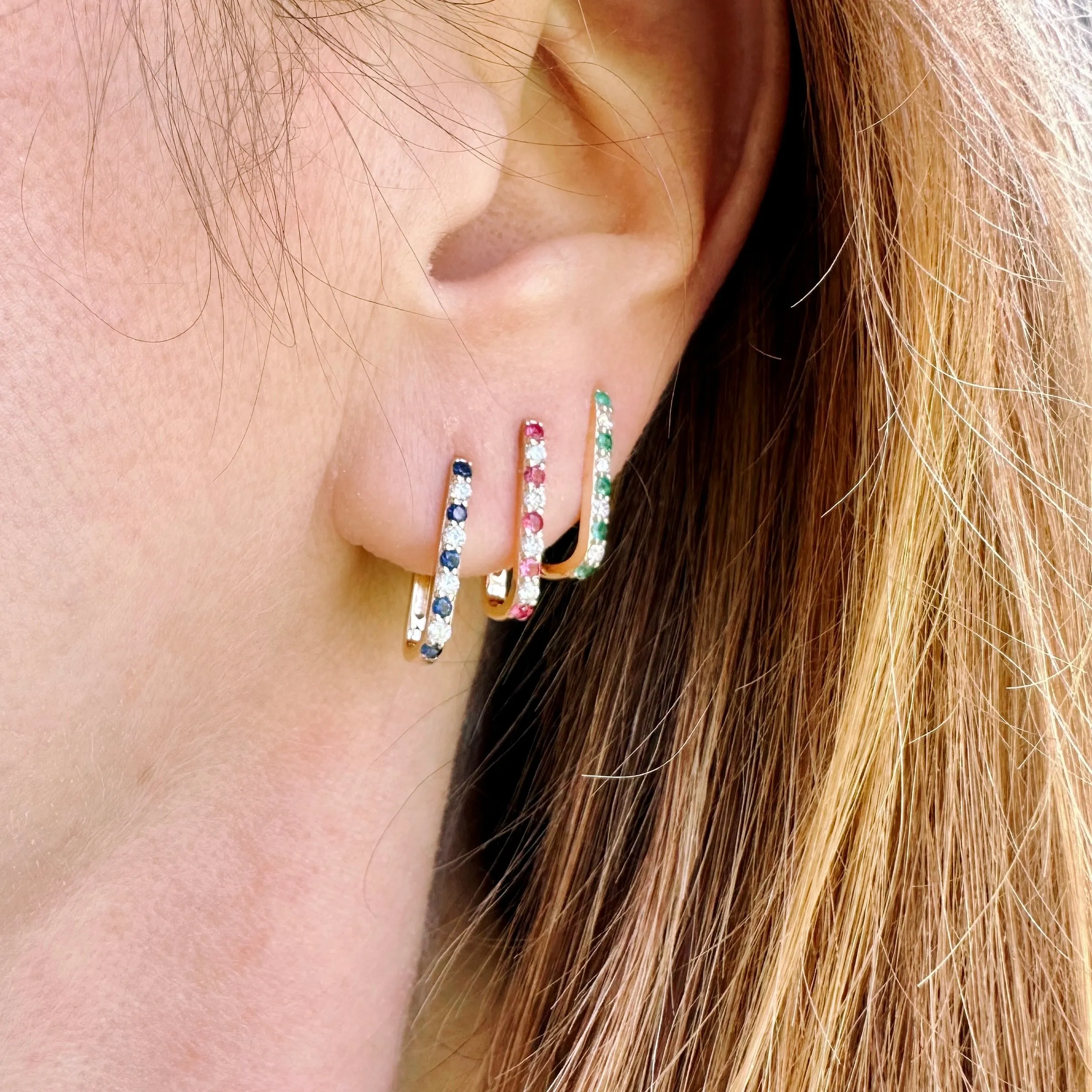 Diamond   Blue Sapphire Small Paperclip Hoop Earring