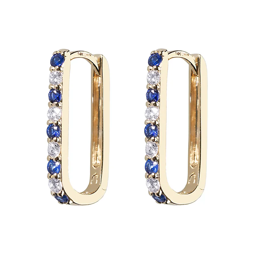 Diamond   Blue Sapphire Small Paperclip Hoop Earring