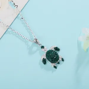 Exquisite Emerald Green Flawless Crystal & Sapphire Gemstone 925 Silver Sea Turtle Pendant Necklace