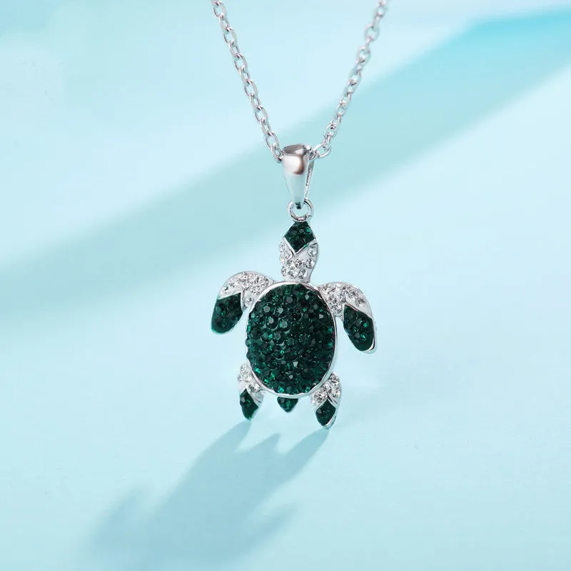 Exquisite Emerald Green Flawless Crystal & Sapphire Gemstone 925 Silver Sea Turtle Pendant Necklace