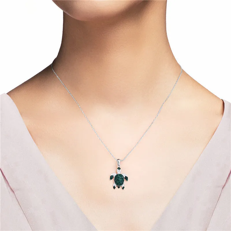 Exquisite Emerald Green Flawless Crystal & Sapphire Gemstone 925 Silver Sea Turtle Pendant Necklace