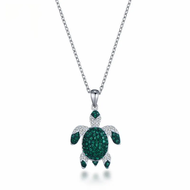 Exquisite Emerald Green Flawless Crystal & Sapphire Gemstone 925 Silver Sea Turtle Pendant Necklace