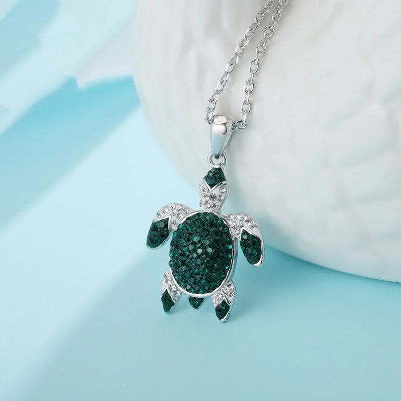 Exquisite Emerald Green Flawless Crystal & Sapphire Gemstone 925 Silver Sea Turtle Pendant Necklace