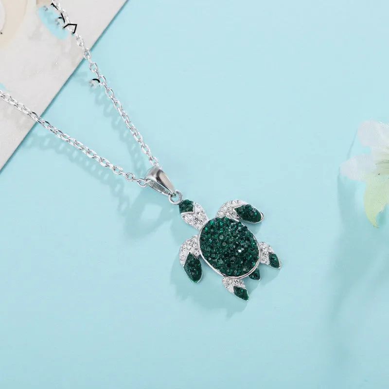 Exquisite Emerald Green Flawless Crystal & Sapphire Gemstone 925 Silver Sea Turtle Pendant Necklace