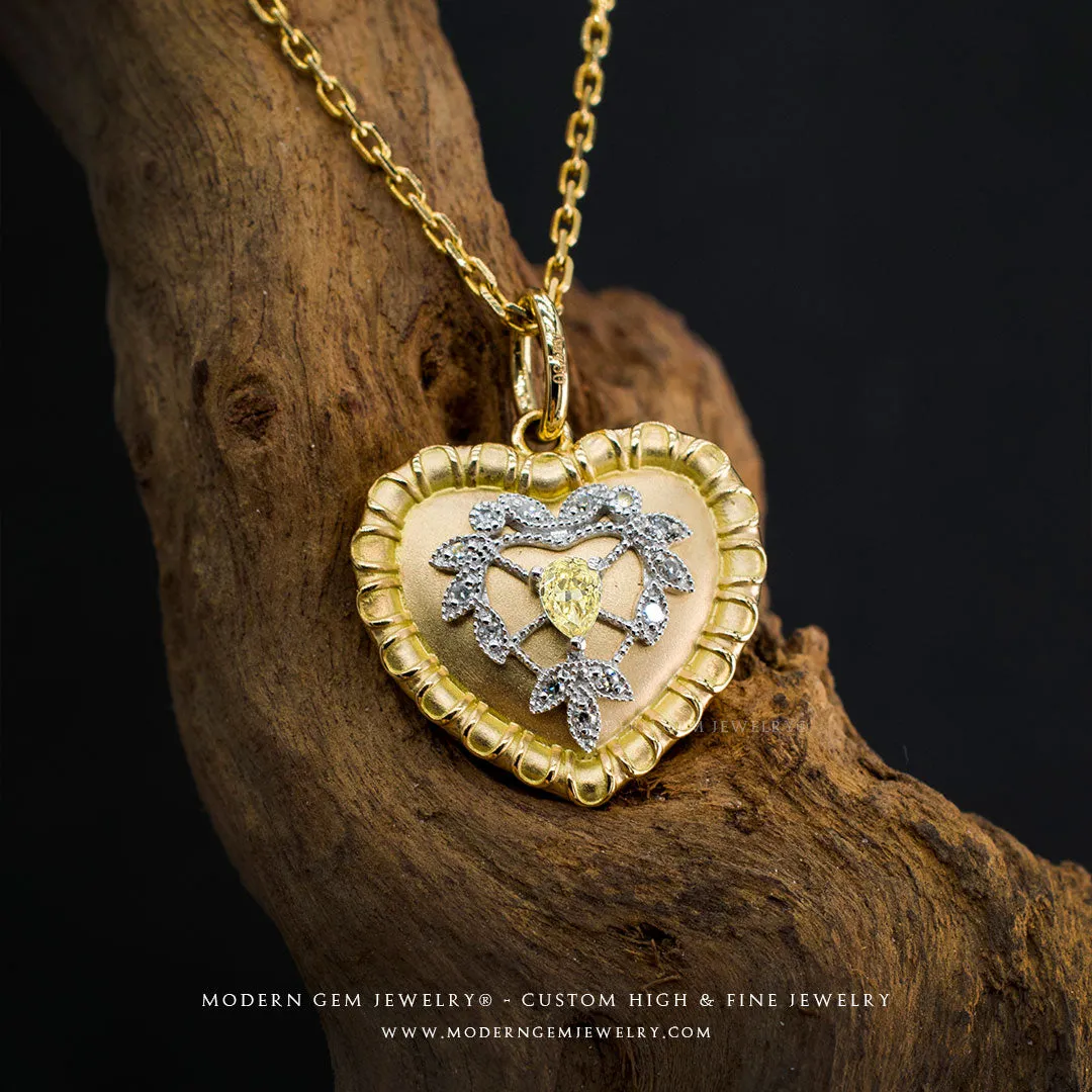 Fancy Yellow Diamond Heart Shape Yellow Gold Pendant (Free Silver Necklace)