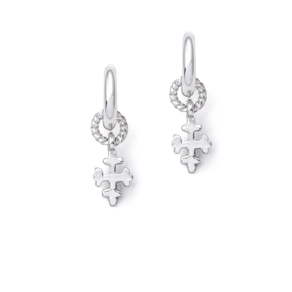 Hallmark Hoop Earrings With 16th Century Cross Charms In Sterling Silver, 26mm