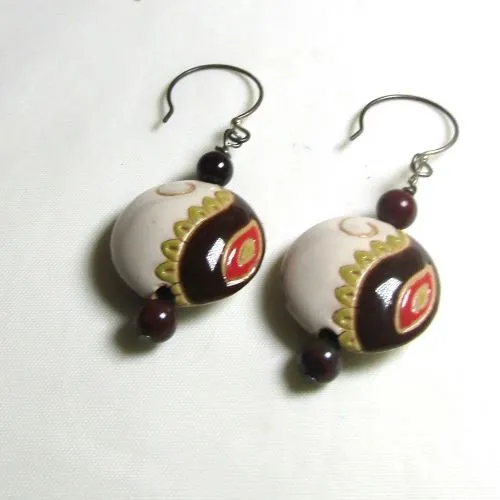 Handmade Ivory, Black & Red Paisley Ceramic Earrings  Golem