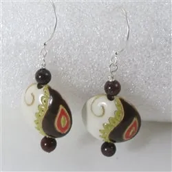 Handmade Ivory, Black & Red Paisley Ceramic Earrings  Golem