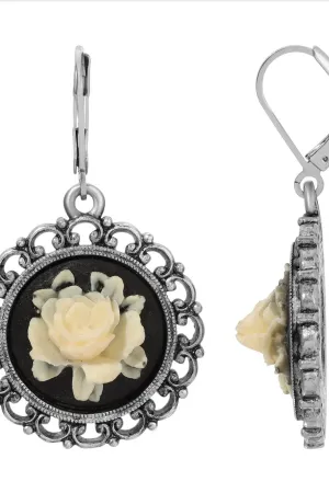 Ivory White Flower Cameo Drop Earrings